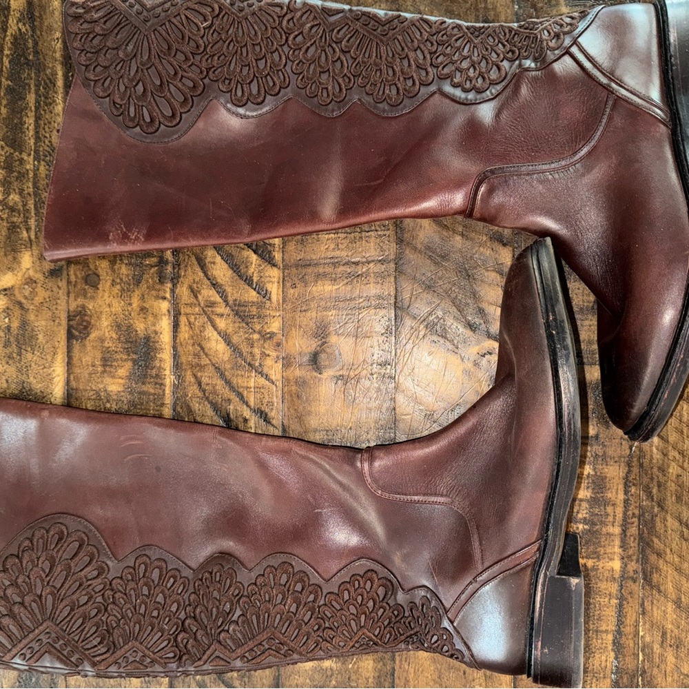 Brown Leather Knee-High Boots with Lace Detail